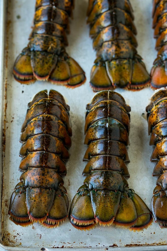 Lobster tails with a cut down the back of each one.