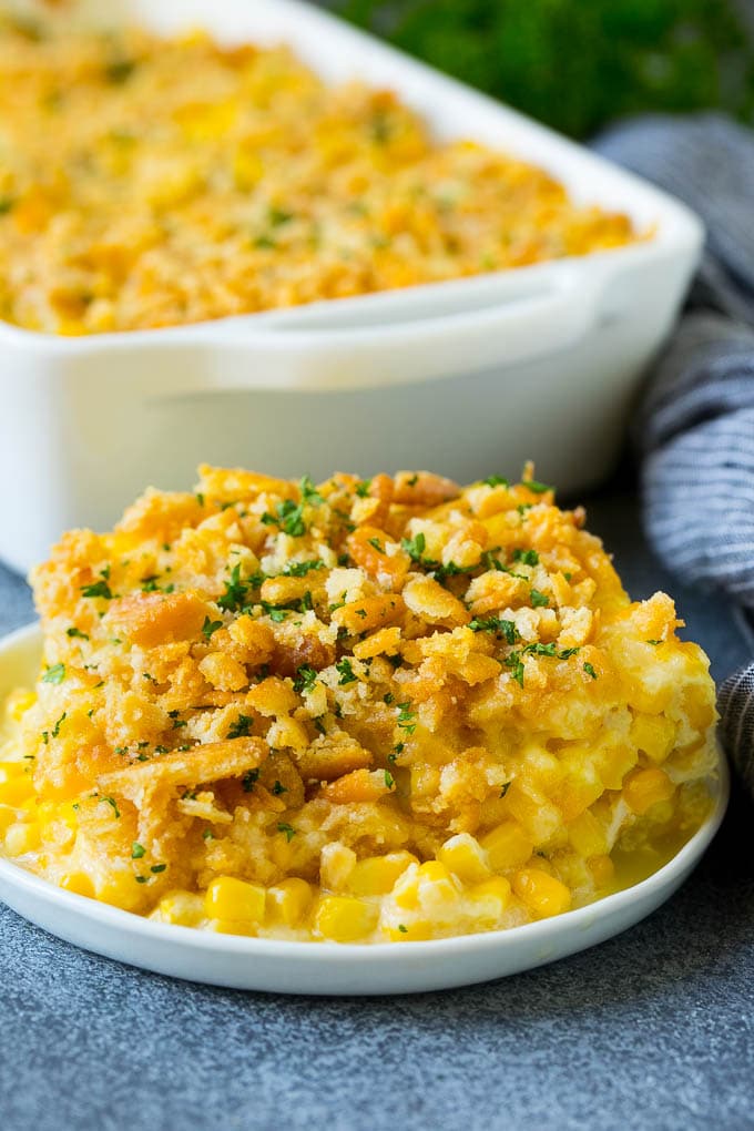 A serving of scalloped corn topped with buttery cracker crumbs.