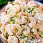 Shrimp salad in a serving bowl, topped with fresh dill.