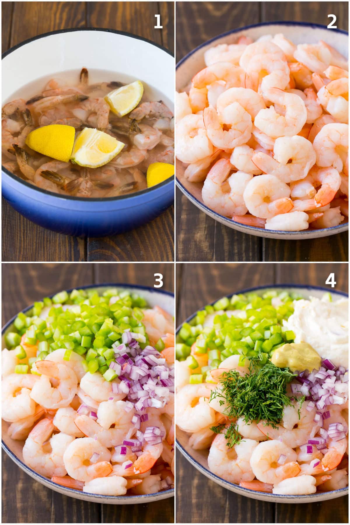 Step by step process shots showing how to make shrimp salad.
