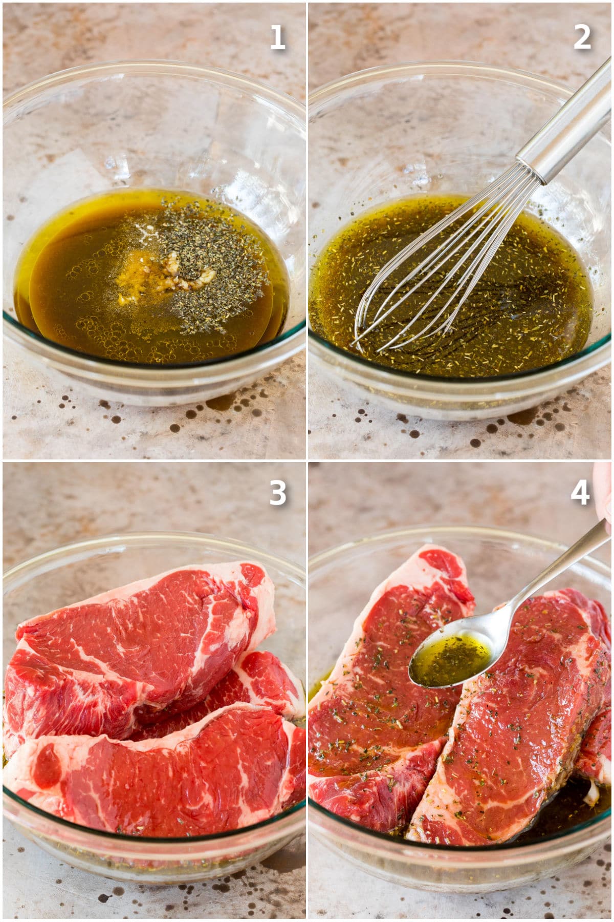 Step by step shots of marinade being made and poured over steaks.