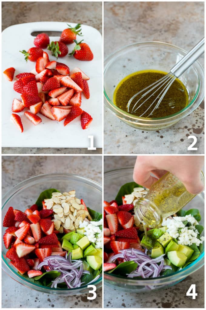 A collage showing the steps of how to make spinach salad.