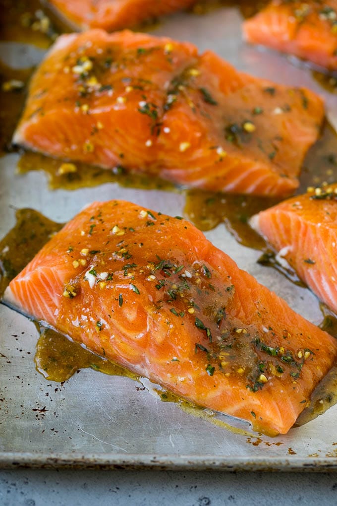 Raw salmon coated in a mixture of butter, garlic and herbs.