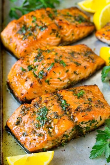 Baked salmon topped with garlic, herbs and butter.