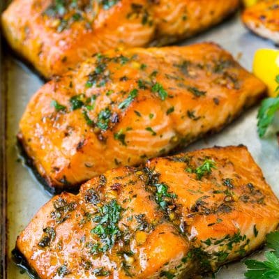 Baked salmon topped with garlic, herbs and butter.