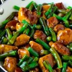 Chicken and green beans coated in honey garlic sauce.