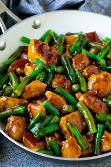 Chicken and green beans coated in honey garlic sauce.