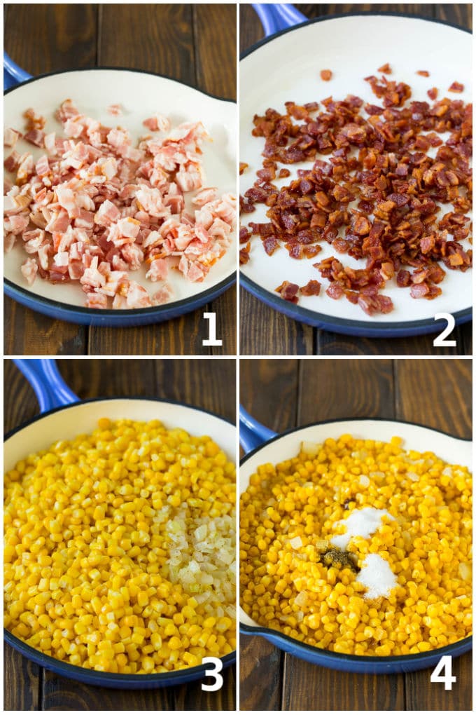 Step by step process shots of corn and bacon being cooked.