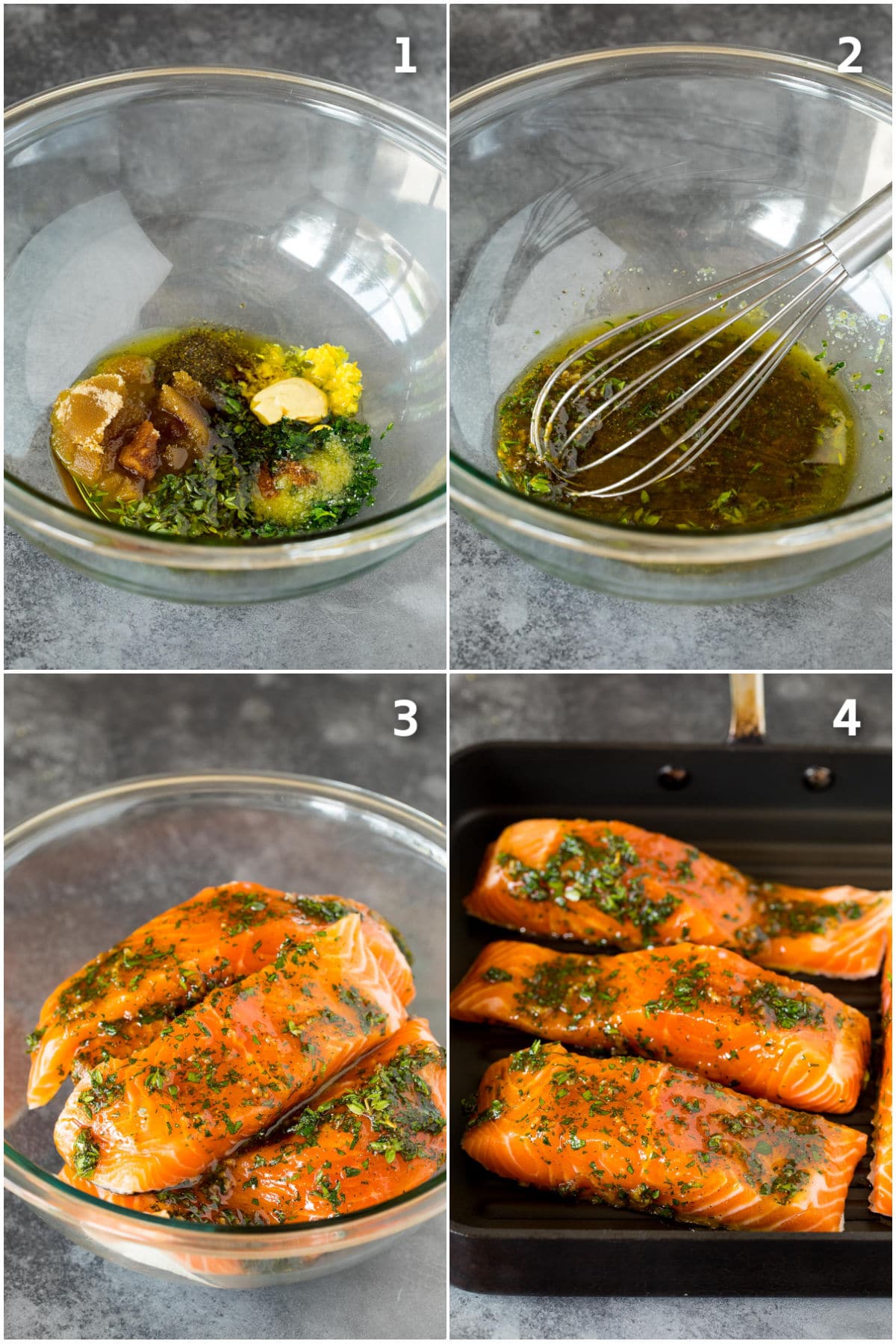 Step by step shots showing how to marinate and grill salmon.