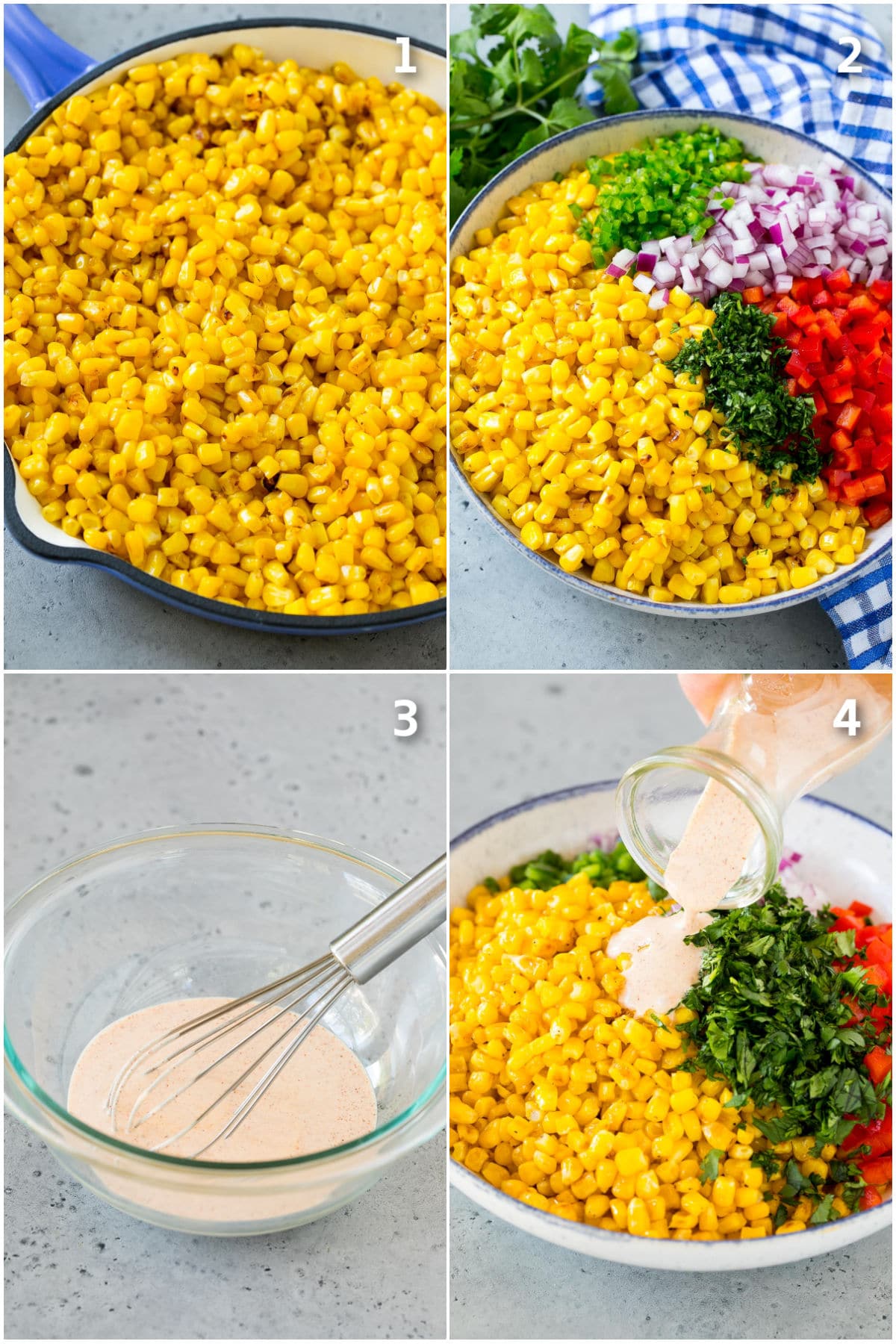 Step by step shots showing how to make Mexican corn salad.