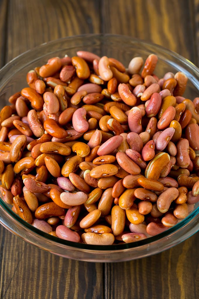 Soaked red beans in a mixing bowl.