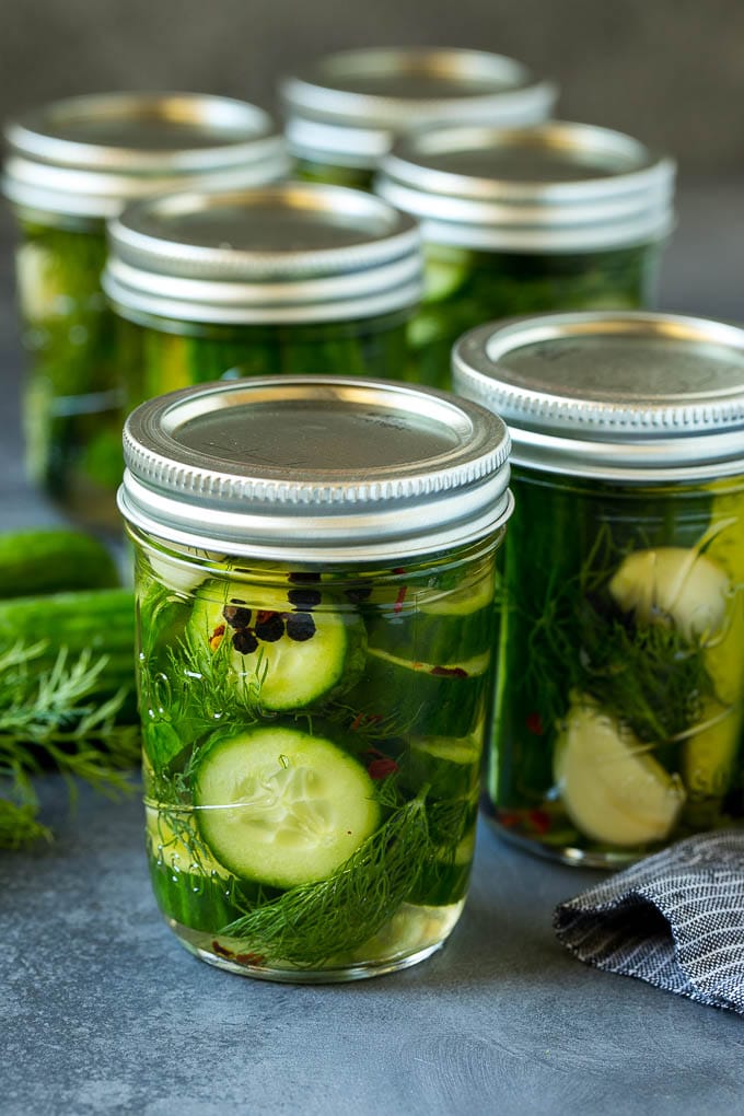 Refrigerator pickles with cucumbers in a homemade brine.