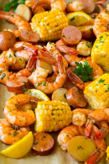 Shrimp boil with tender shrimp, corn on the cob, potatoes and sausage.