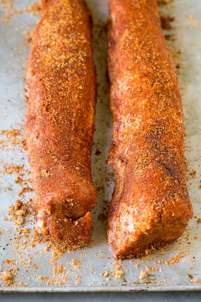 Pork tenderloins coated in homemade spice rub.