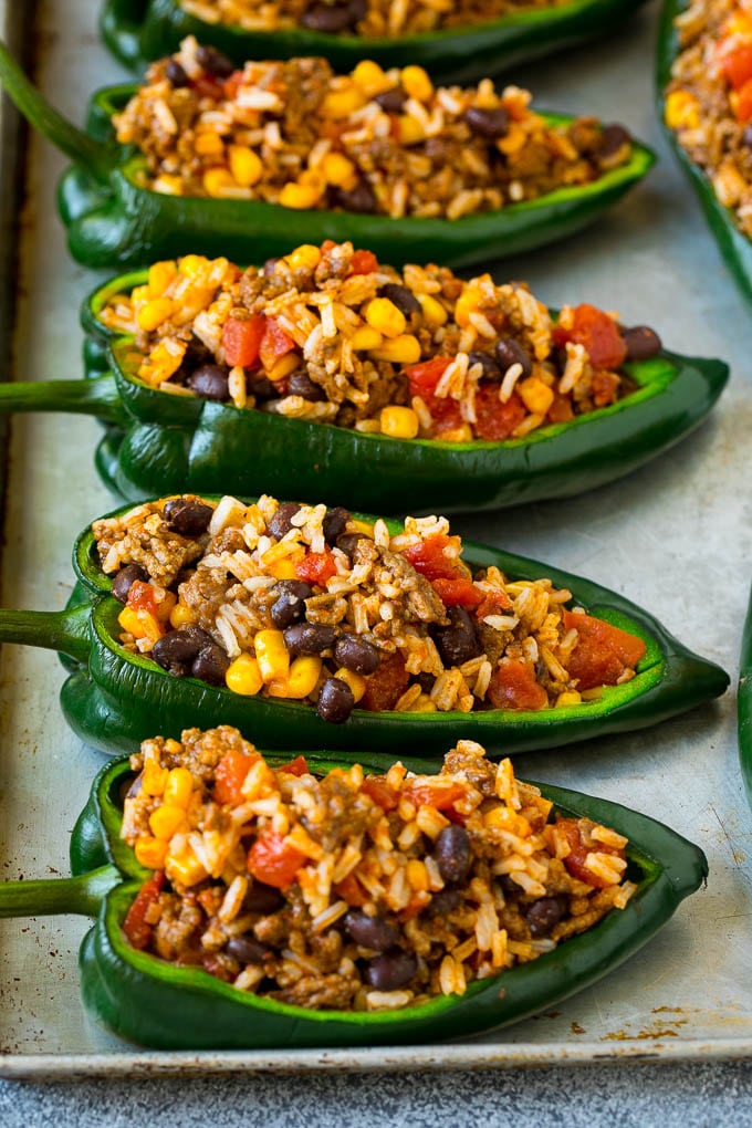 Poblano peppers filled with rice, meat, beans and corn.