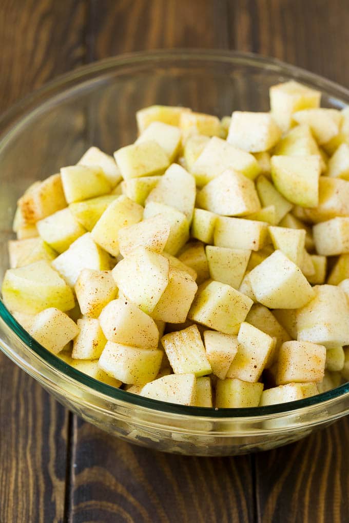 Diced apples tossed with cinnamon and sugar.