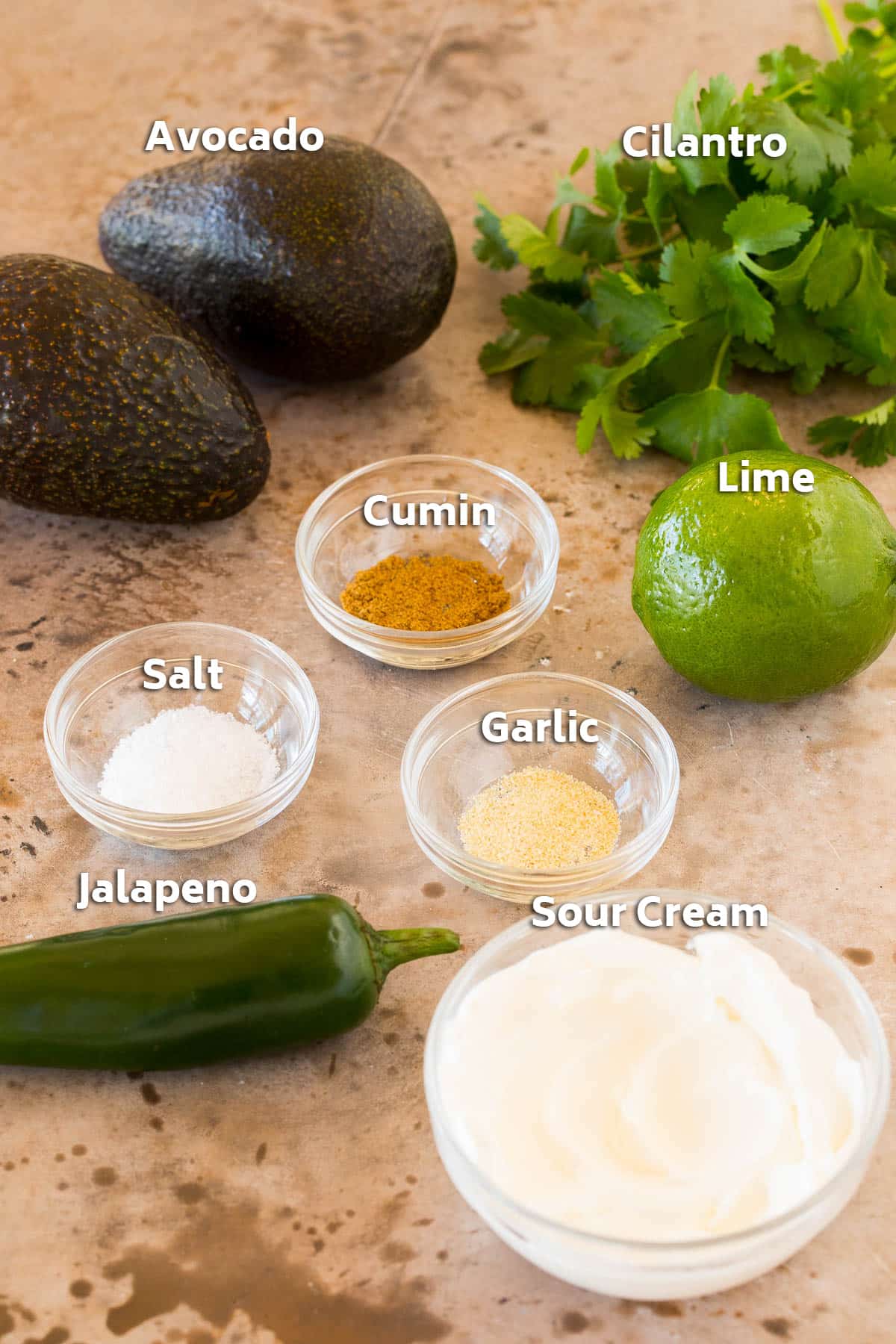 Ingredients including avocado, sour cream, jalapeno and cilantro.