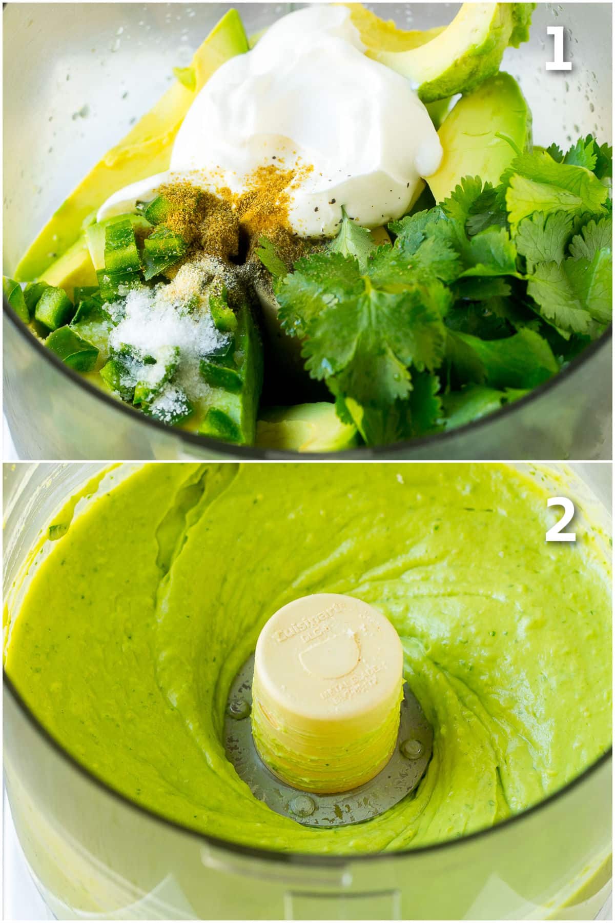Process shots showing how to blend avocado in a food processor.
