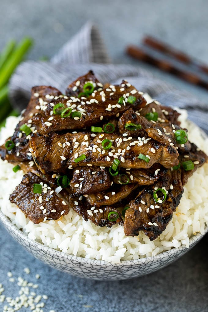 Beef bulgogi strips served over steamed rice.