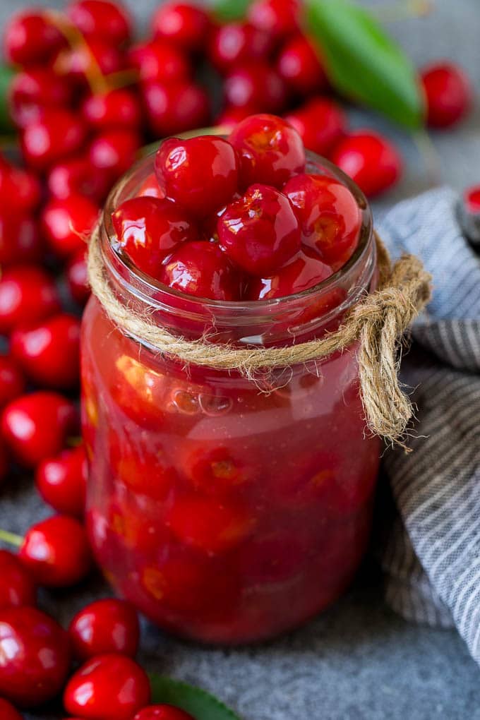 Cherry pie filling in a mason jar.