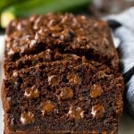 Sliced chocolate zucchini bread filled with melted chocolate.