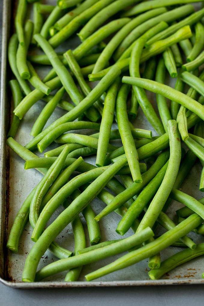 Green beans on a sheet pan.