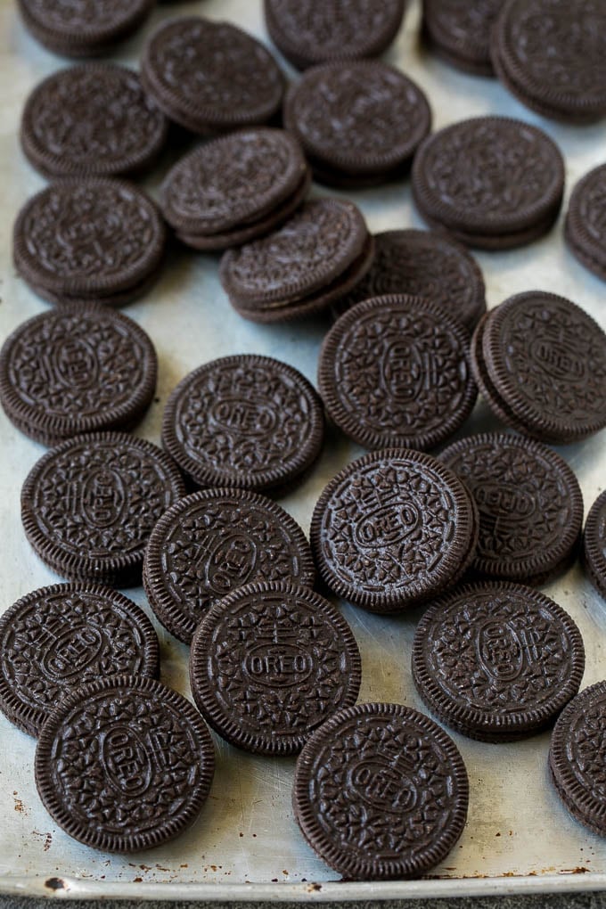 Oreos on a sheet pan.