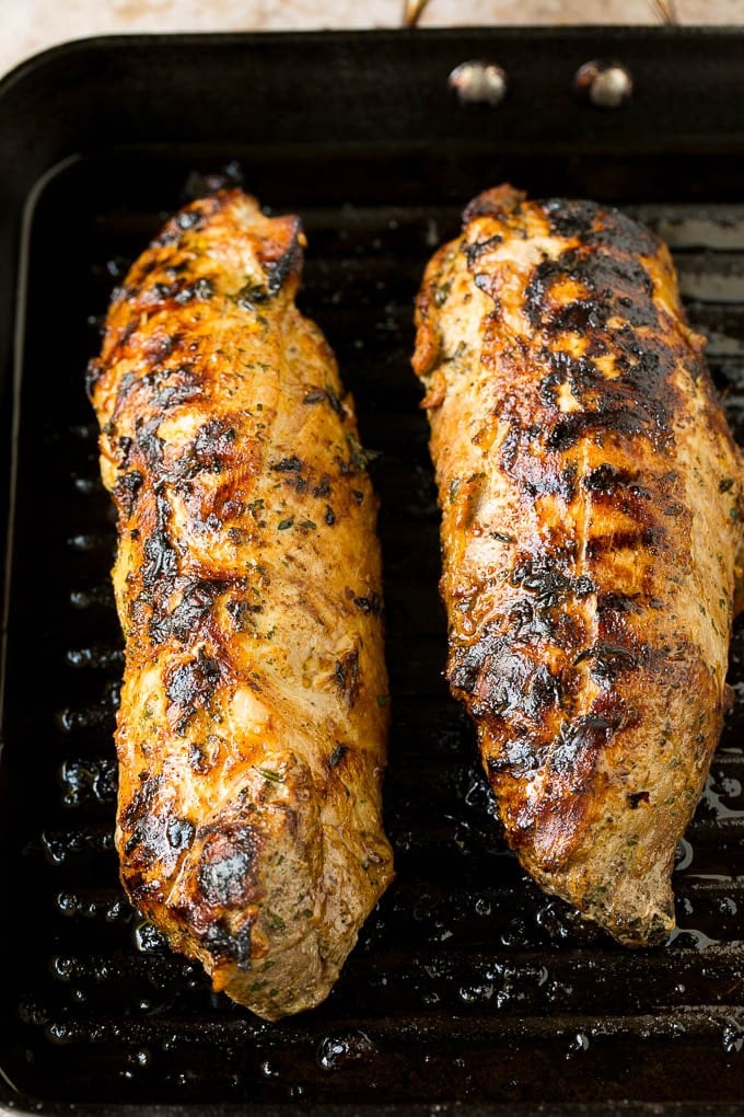 Pork loin on a grill pan.