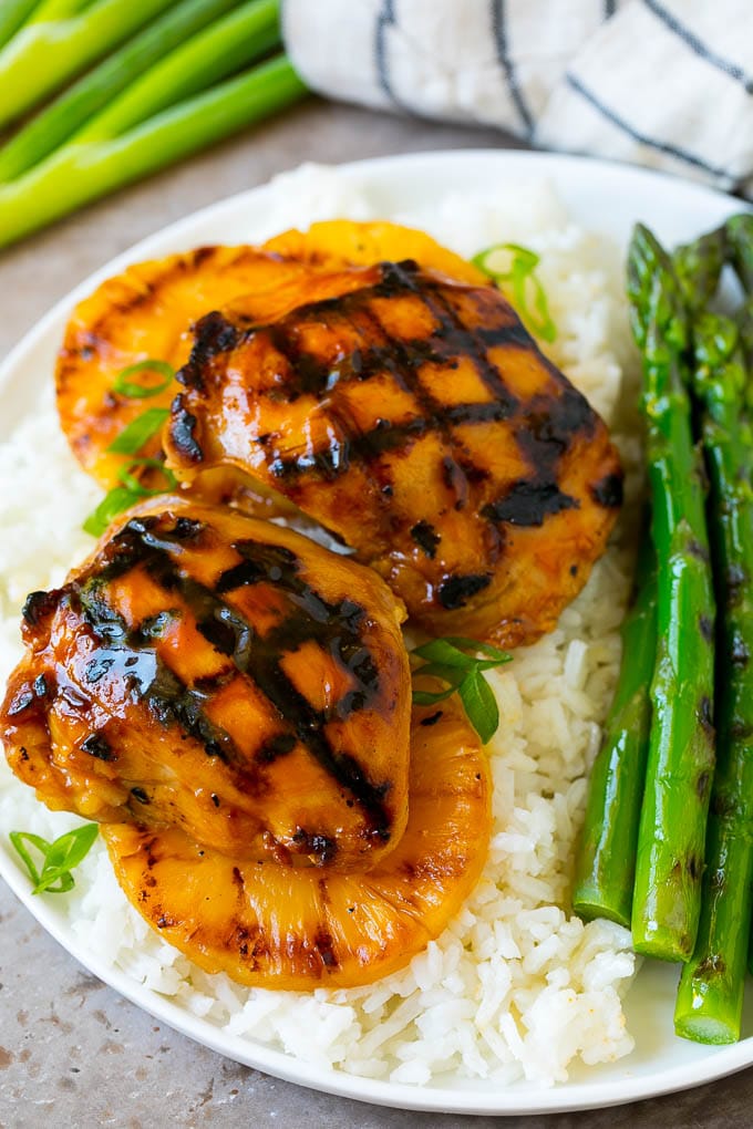 Huli huli chicken and pineapple served over rice.