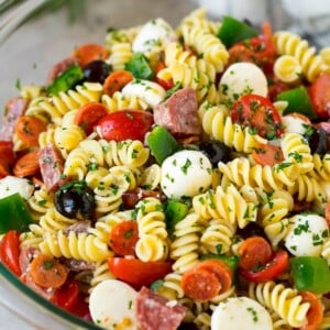 Italian pasta salad with rotini noodles, salami and pepperoni.