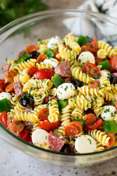 Italian pasta salad with rotini noodles, salami and pepperoni.