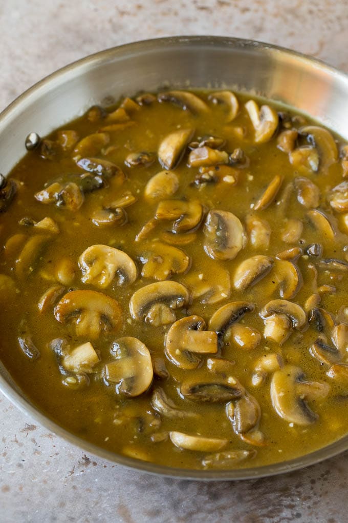 Mushroom sauce in a skillet.