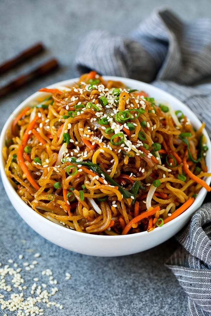 Pan fried noodles in a serving bowl.