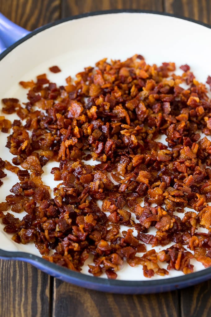 Cooked bacon in a skillet.