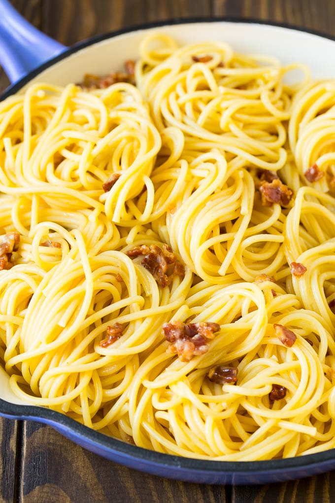 Spaghetti with bacon in an egg and cheese sauce.