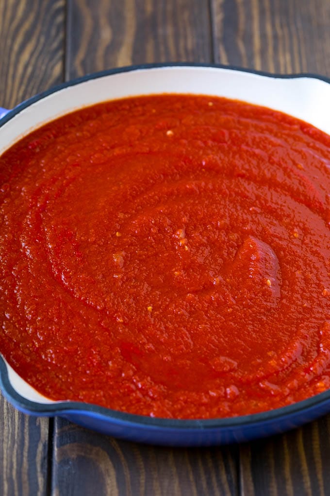 Homemade tomato sauce in a skillet.