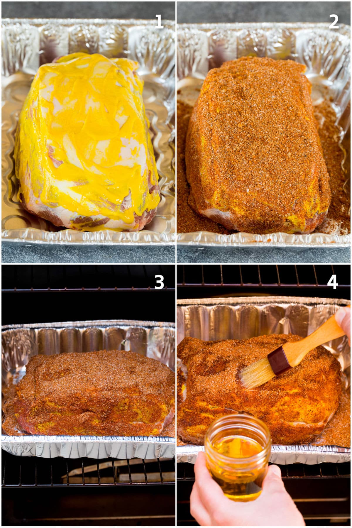 Process shots showing how to coat meat in rub and smoke it.