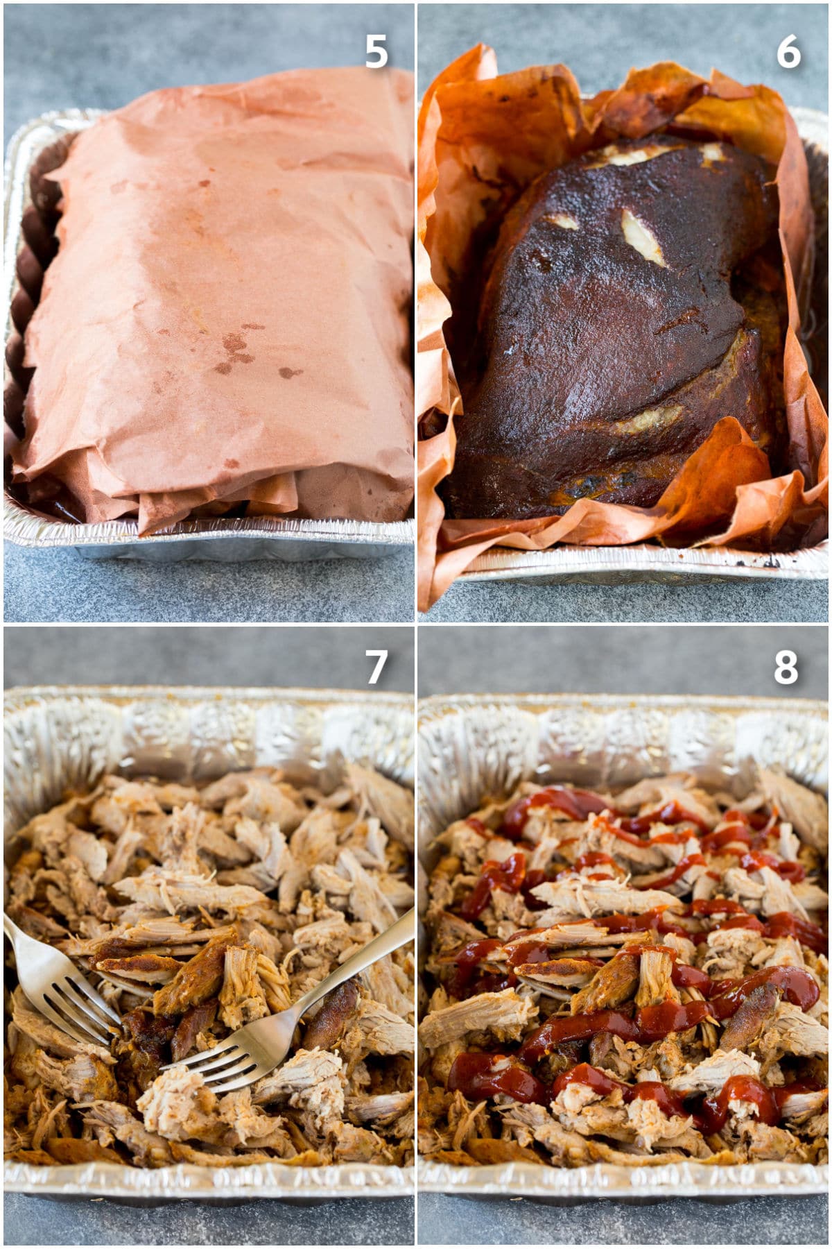 Step by step shots showing how to smoke pulled pork.