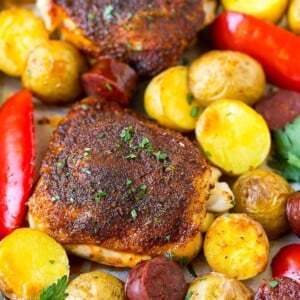 Spanish chicken thighs with chorizo and potatoes.