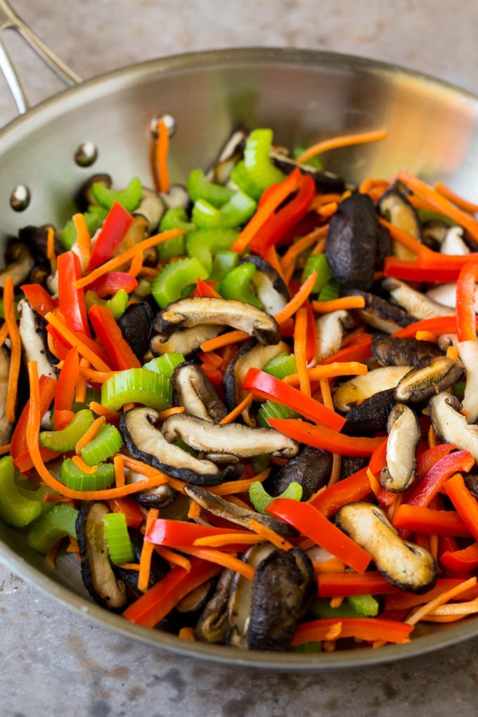 Mushrooms, bell pepper, celery and carrot in a pan.