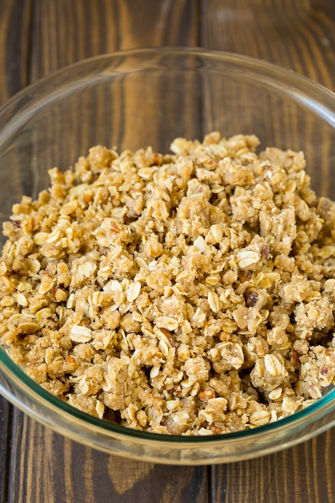 Brown sugar and oatmeal crumble in a bowl.