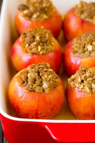 Baked apples filled with oatmeal, brown sugar and walnuts.