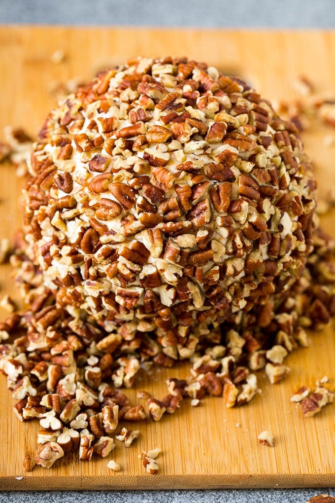 Cheese rolled in chopped pecans.