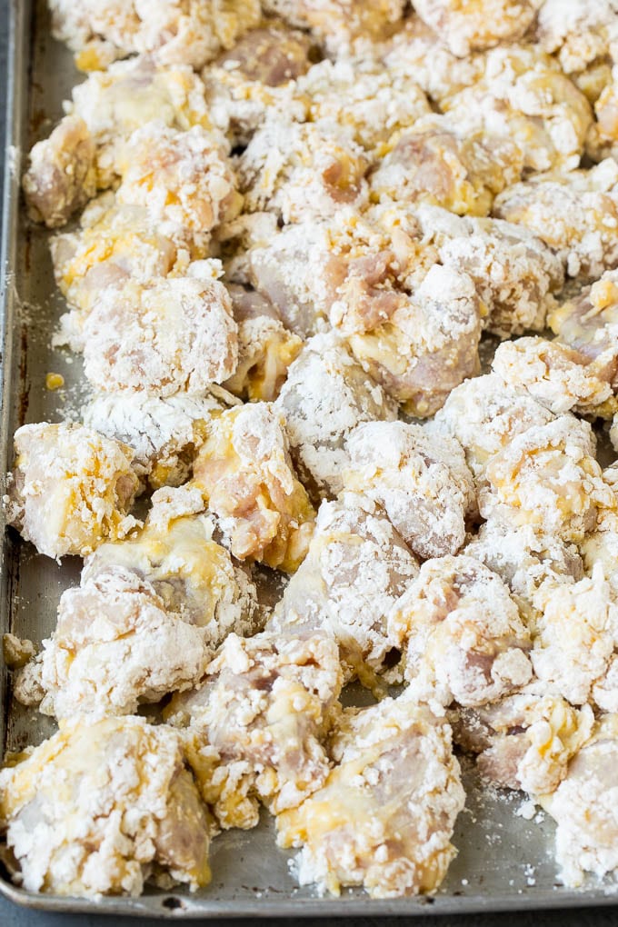 Chicken pieces coated in egg, flour and cornstarch.
