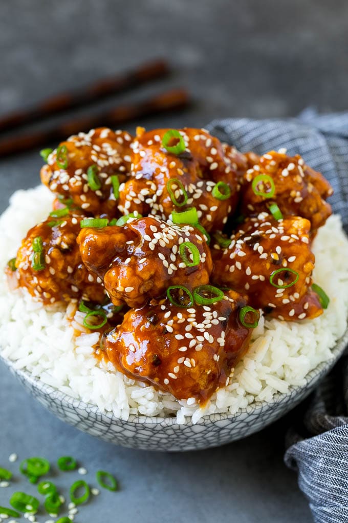 General Tso's chicken served over steamed rice.