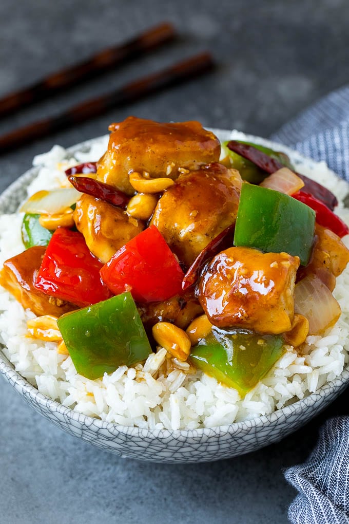 Kung pao chicken served over steamed rice.