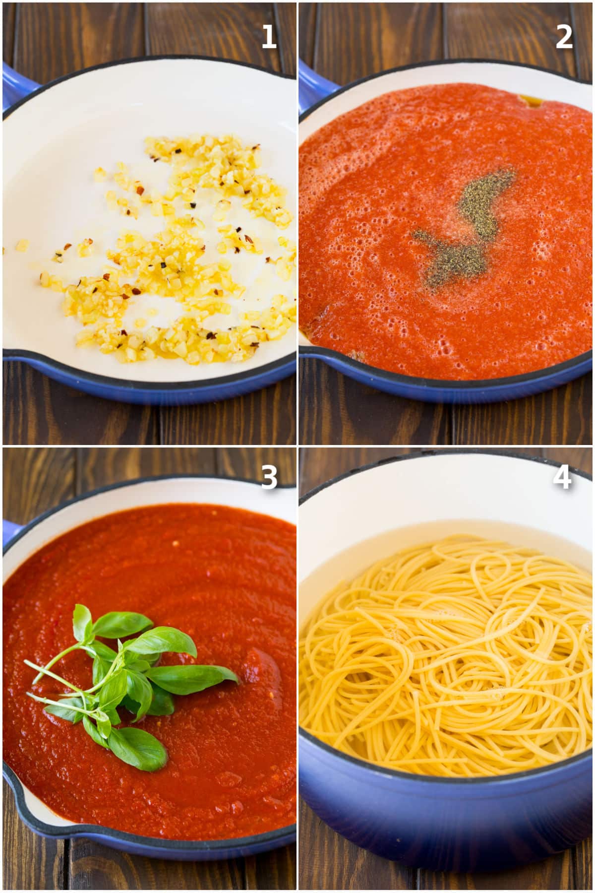 Process shots showing tomato sauce being made and pasta in a pot.