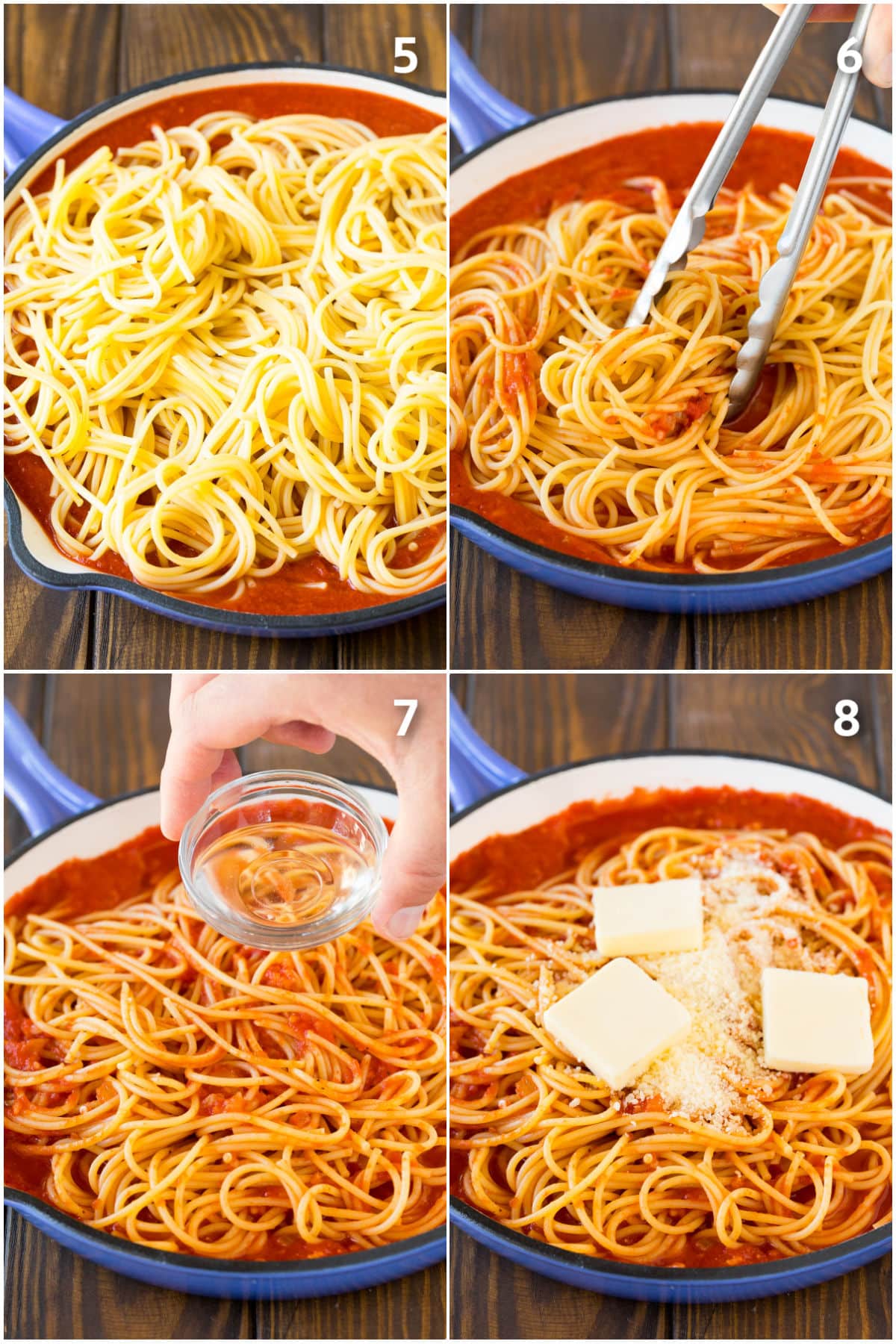 Process shots showing pasta being tossed in sauce and seasoned with butter and parmesan.