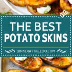 This recipe for potato skins is Russet potato halves topped with cheese and bacon, then baked to crispy perfection.