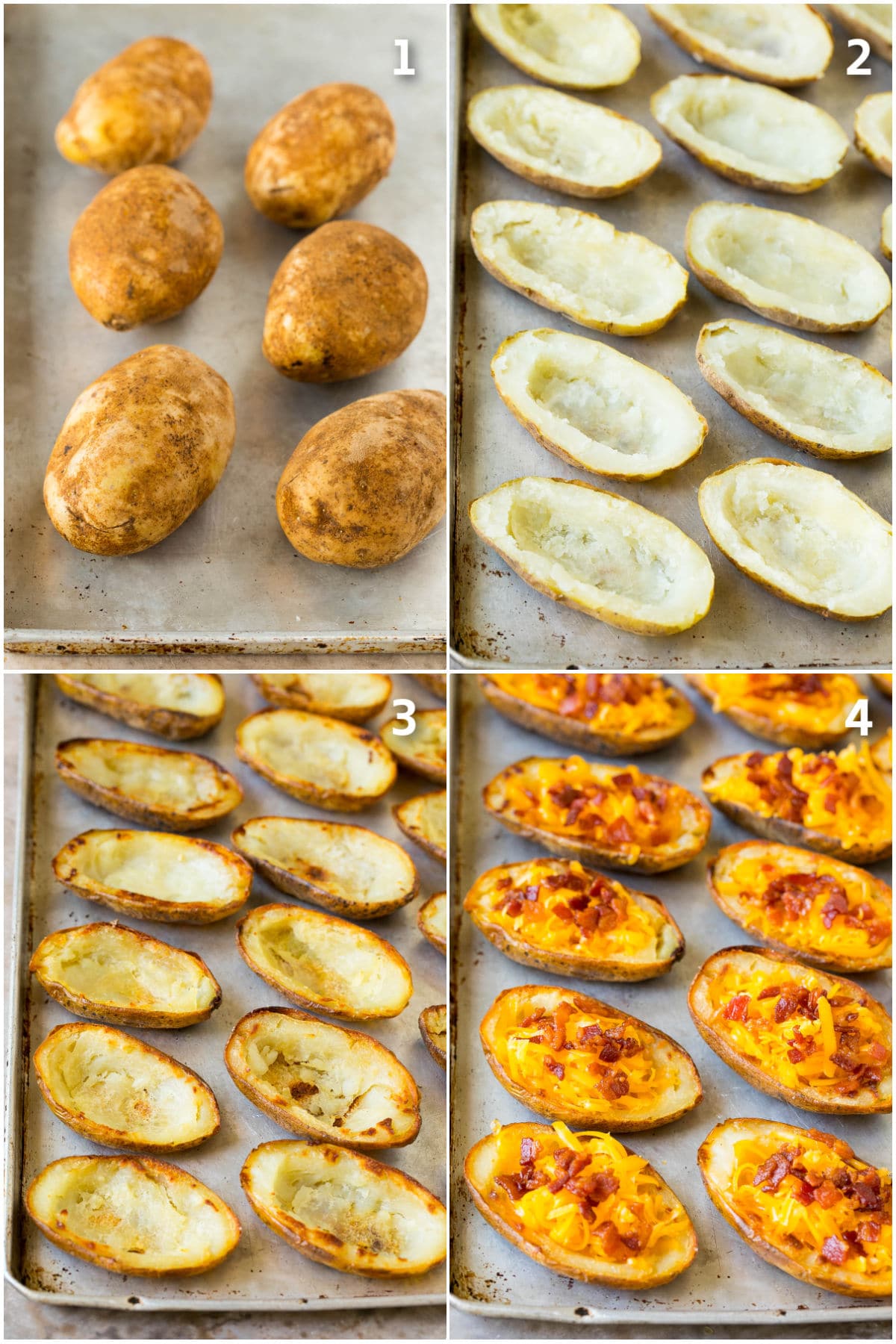 Step by step photos of potatoes being baked and filled with toppings.